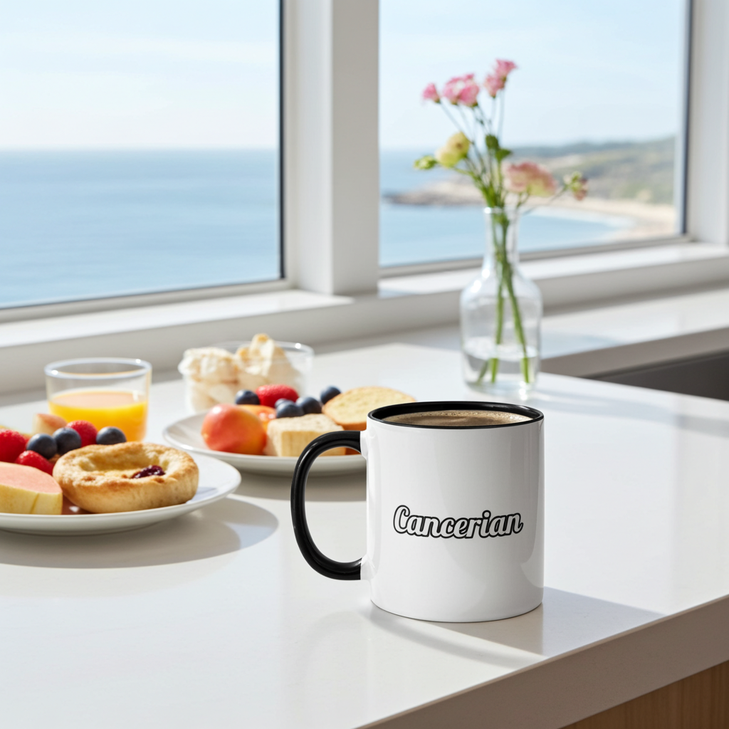 White mug with 'Cancerian' on a kitchen counter with breakfast items and ocean view.