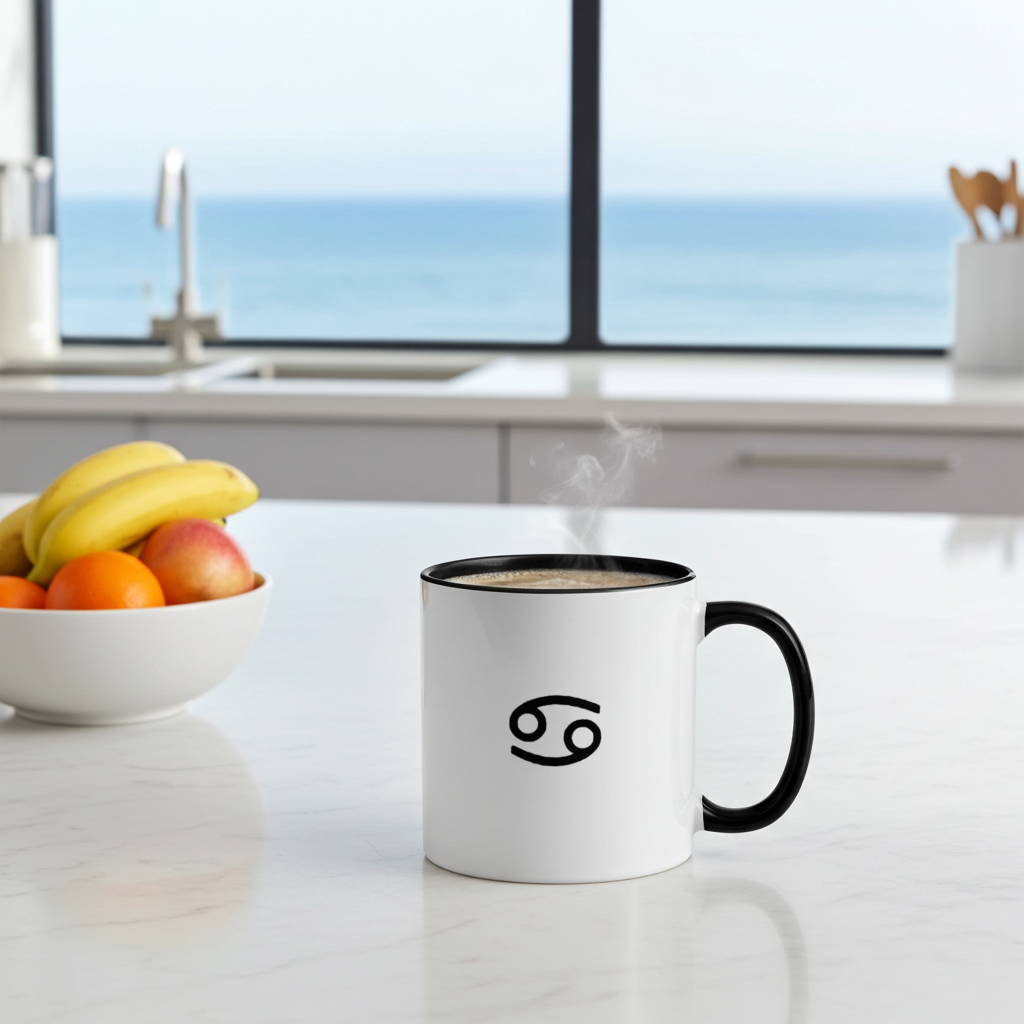 White mug with black handle and Cancerian symbol on a kitchen counter with fruit and window view.