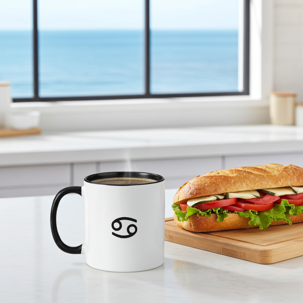 Mug with a Cancerian logo and a sandwich on a kitchen counter with a window view of the ocean.