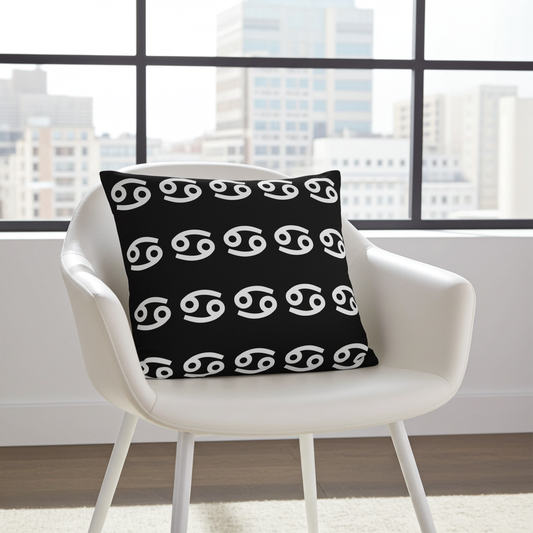 Black pillow with white patterns on a white chair in a room with large windows.
