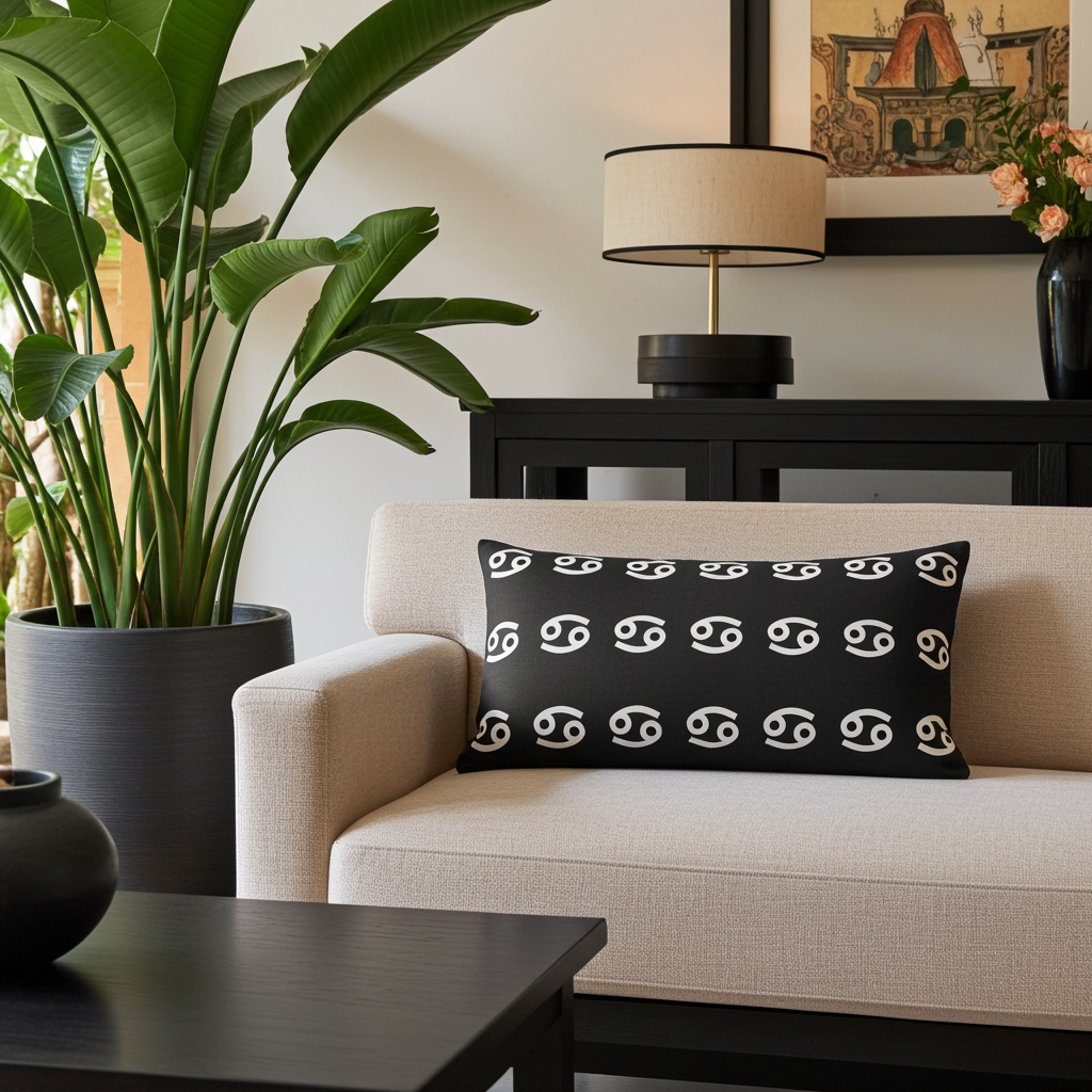 Living room with a beige sofa, black pillow with white cancerian patterns, and a potted plant.