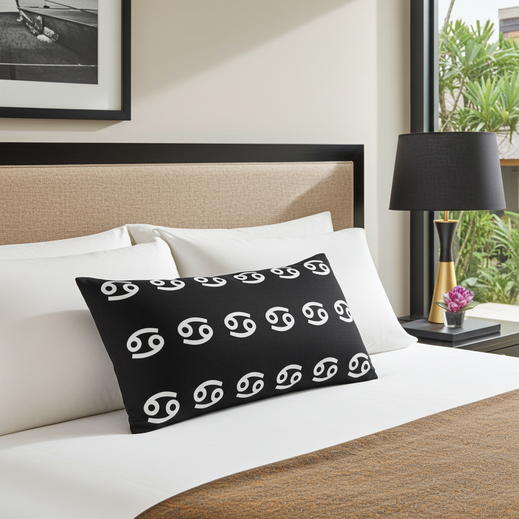 Black pillow with white cancerian symbols on a bed in a bedroom setting