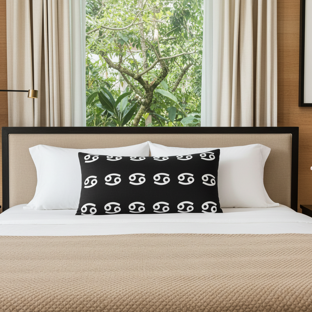 Bed with a black pillow featuring white cancerian patterns and white pillows against a window with greenery outside.