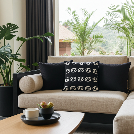 Beige sofa with black cancerian patterned cushions in a living room setting with plants and a coffee table.