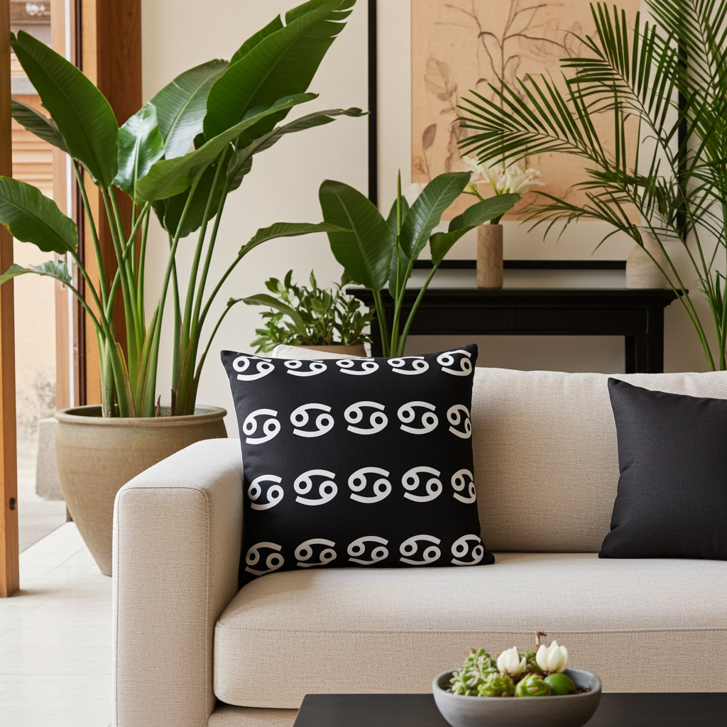 Decorative black pillow with white cancerian patterns on a beige sofa in a living room with plants.