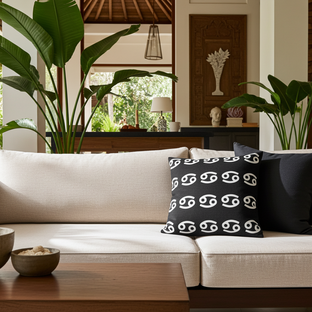 Decorative black pillow with cancerian patterns on a beige sofa in a stylish living room.
