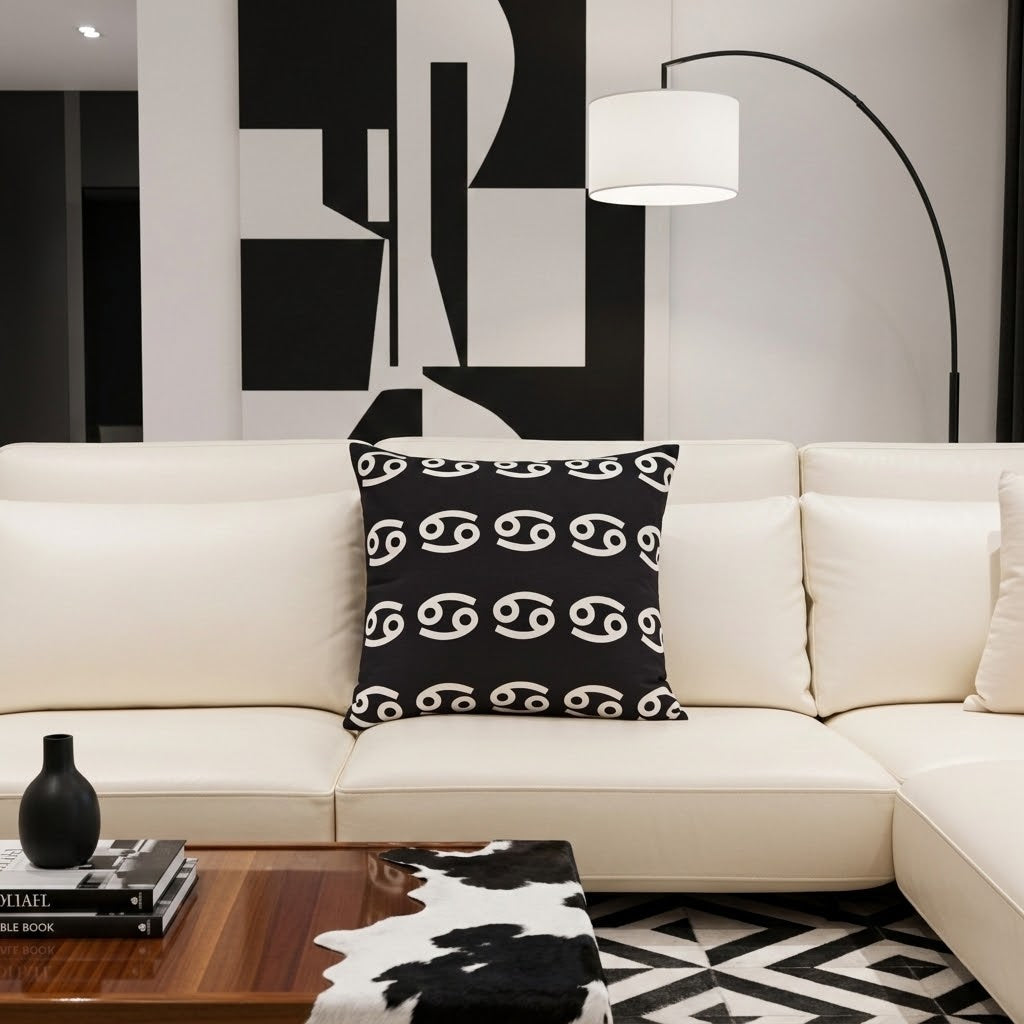 A modern living room setting featuring a cream-colored sectional sofa with a black throw pillow printed with a white astrological symbol pattern. In front of the sofa is a wooden coffee table with a cowhide throw blanket, and a black floor lamp stands against a white wall with a large black and white geometric wall art piece.