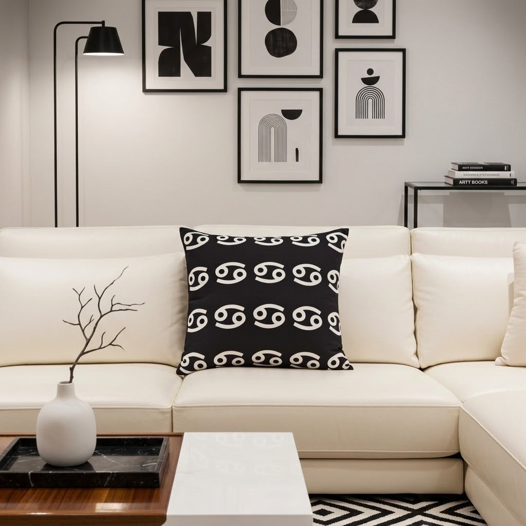 A black throw pillow with a white astrological symbol pattern is styled on a cream-colored sectional sofa in a modern living room setting.