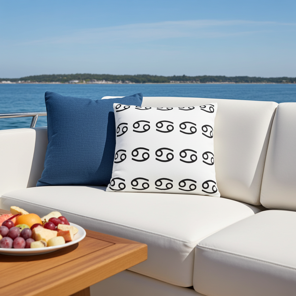 A white outdoor throw pillow with a black cancerian symbol pattern and a navy blue accent pillow, styled on a white boat sofa with a fruit plate in the foreground and a blue ocean background.