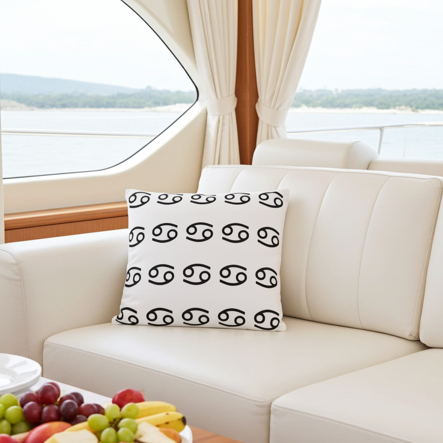 A square white throw pillow with a black astrological Cancerian zodiac symbol pattern, resting on a cream-colored yacht sofa with a fruit platter in the foreground and water scenery in the background.