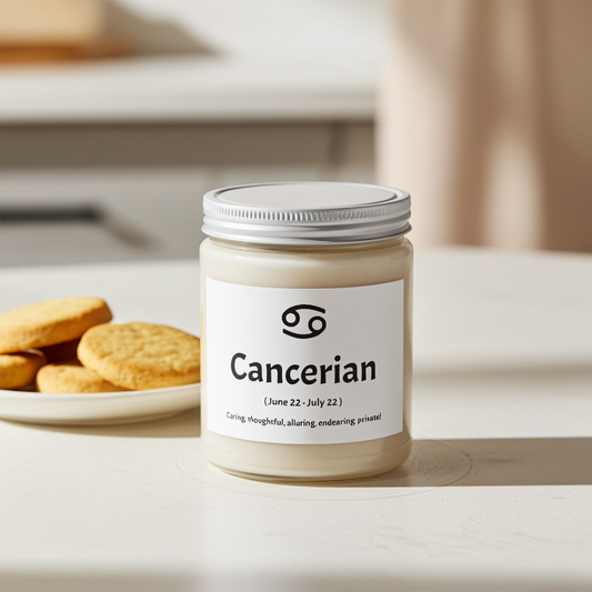 Candle labeled 'Cancerian' with cookies on a table