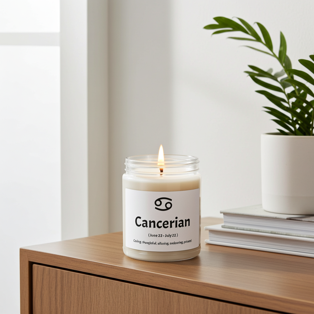 Candle labeled 'Cancerian' on a wooden surface with a plant in the background