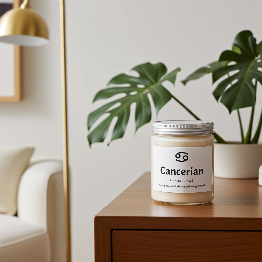 Candle labeled 'Cancerian' on a wooden surface with plants and a lamp in the background