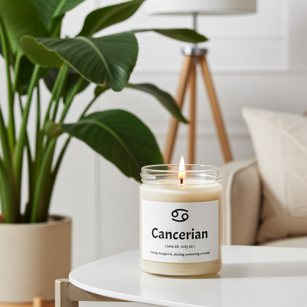Candle labeled 'Cancerian' on a table with a plant and lamp in the background