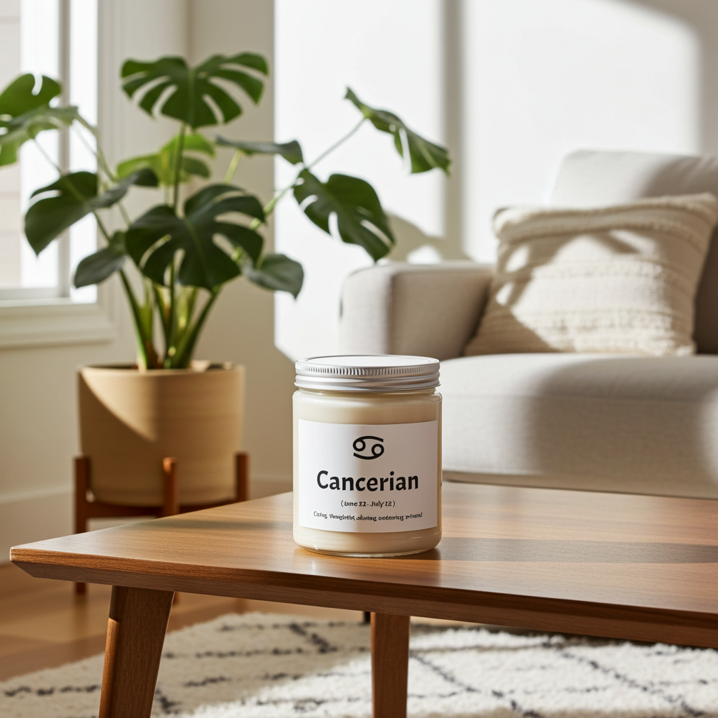 Candle labeled 'Cancerian' on a wooden table with a plant and sofa in the background