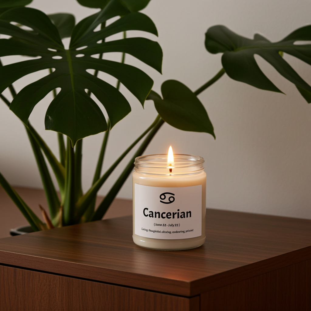 Candle labeled 'Cancerian' on a wooden surface with a plant in the background