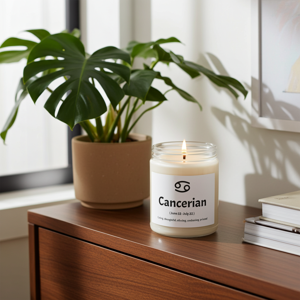 Candle labeled 'Cancerian' on a wooden surface with a plant and books in the background