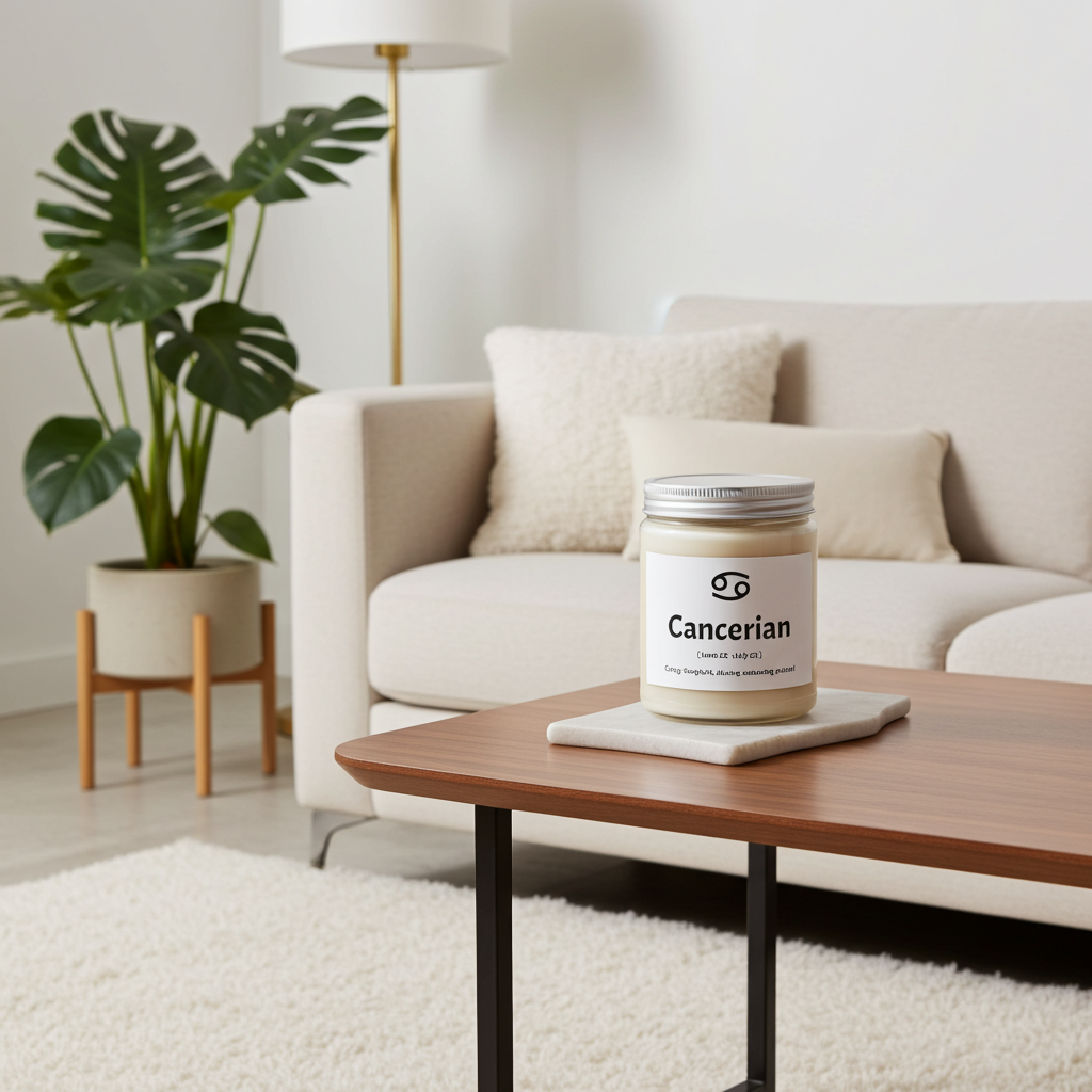 Candle labeled 'Cancerian' on a coffee table in a living room setting