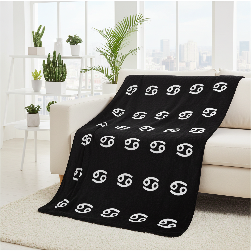 Black blanket with white cancerian symbols draped over a white couch in a bright living room.