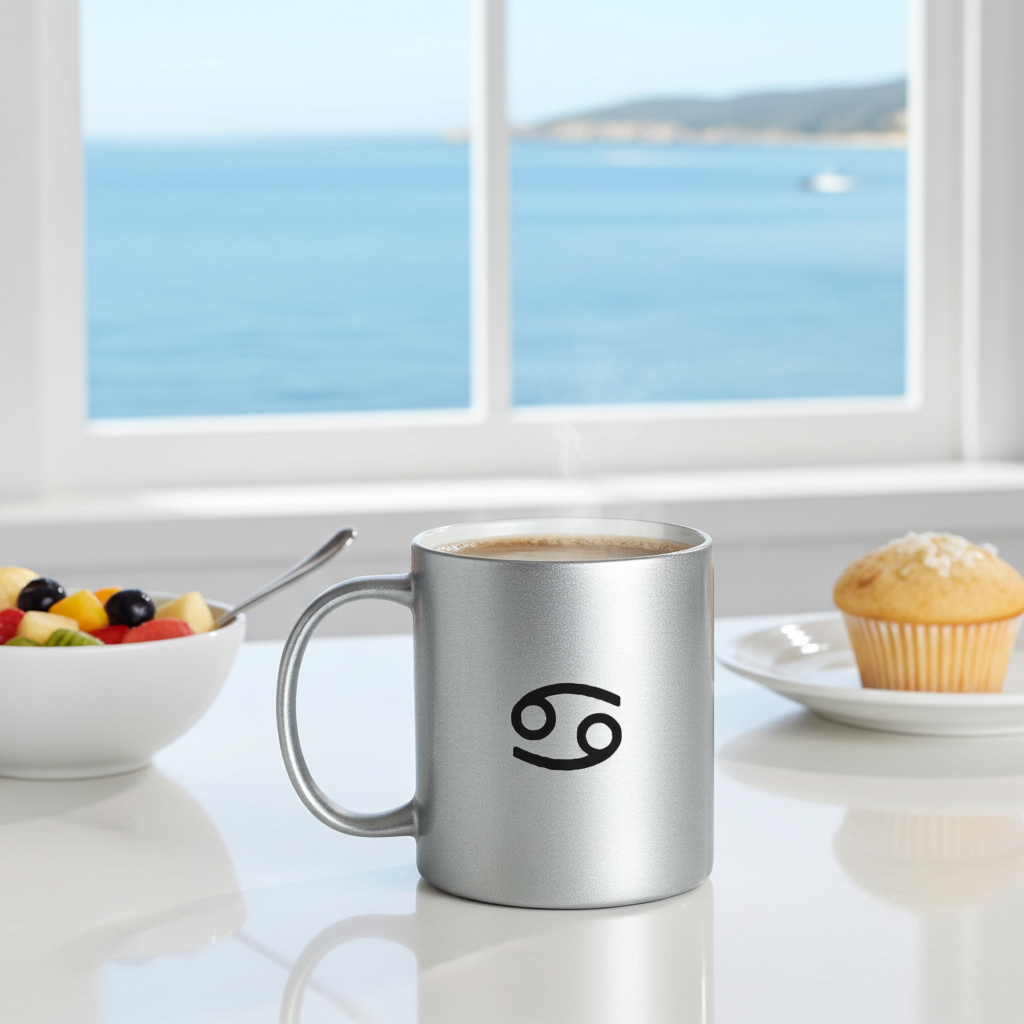 Silver mug with a cancerian logo on a table with a scenic view of water and sky.