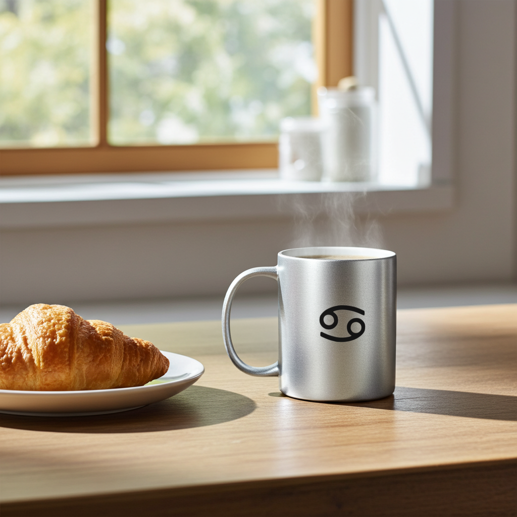Silver mug with a cancerian logo on a wooden table next to a croissant, with a window in the background.