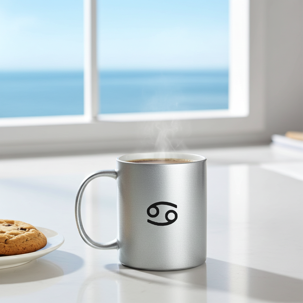 Silver mug with a Cancerian symbol on a windowsill with a view of the ocean.