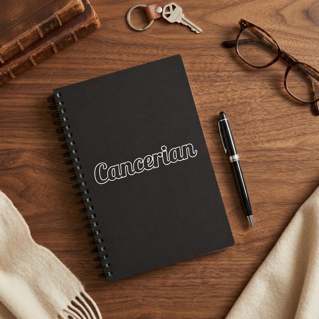 A black spiral-bound notebook with the word 'Cancerian' written in white script on the cover, styled on a wooden tabletop with a pen, eyeglasses, keys, books, and a cream scarf.