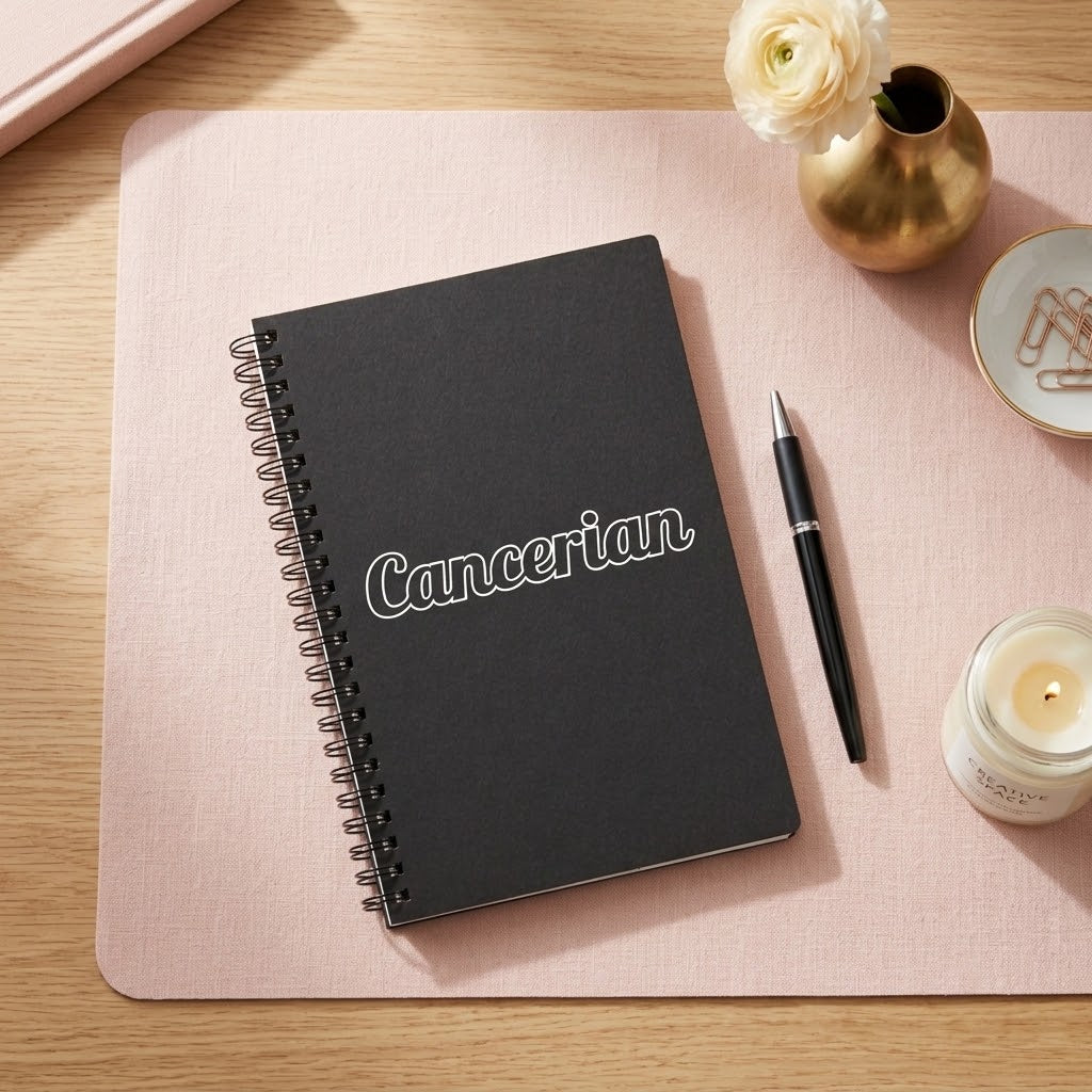 A black spiral-bound notebook with the word 'Cancerian' in white script on the cover, placed on a pink desk mat over a light wood table. A black pen, a small gold vase with a white flower, a candle, and a small dish are arranged around it.