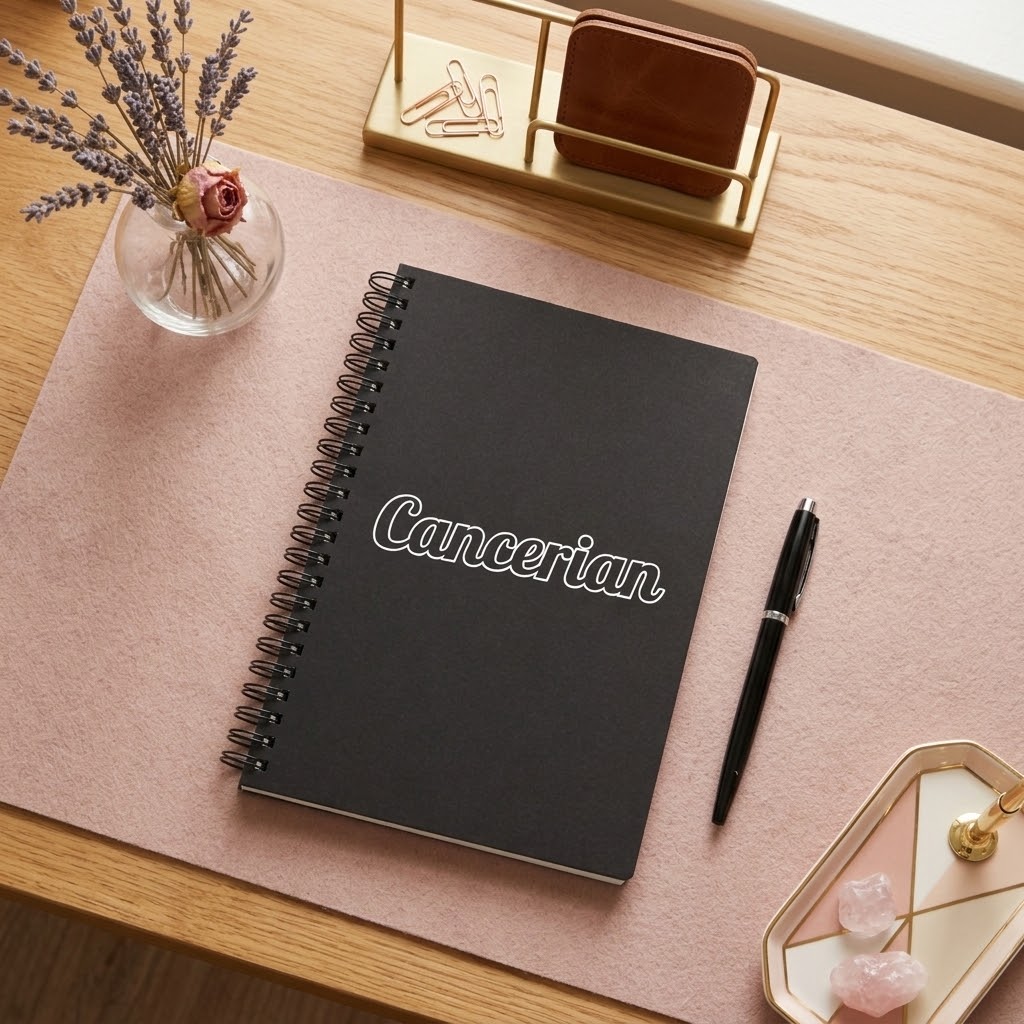A black spiral-bound notebook with the word 'Cancerian' in white script on the cover, placed on a pink desk mat on a wooden table. A black pen, a small glass vase with dried lavender and a rose, and a gold desk organizer are arranged around it.