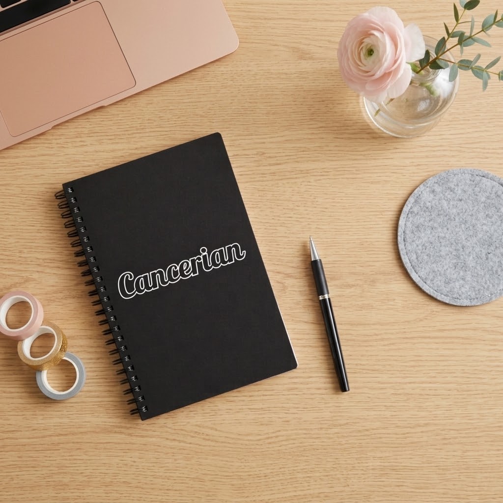 A black spiral-bound notebook with 'Cancerian' written in white script on the cover, styled on a light wood desk with a pink pen, washi tape, a felt coaster, a laptop corner, and a small vase of flowers.