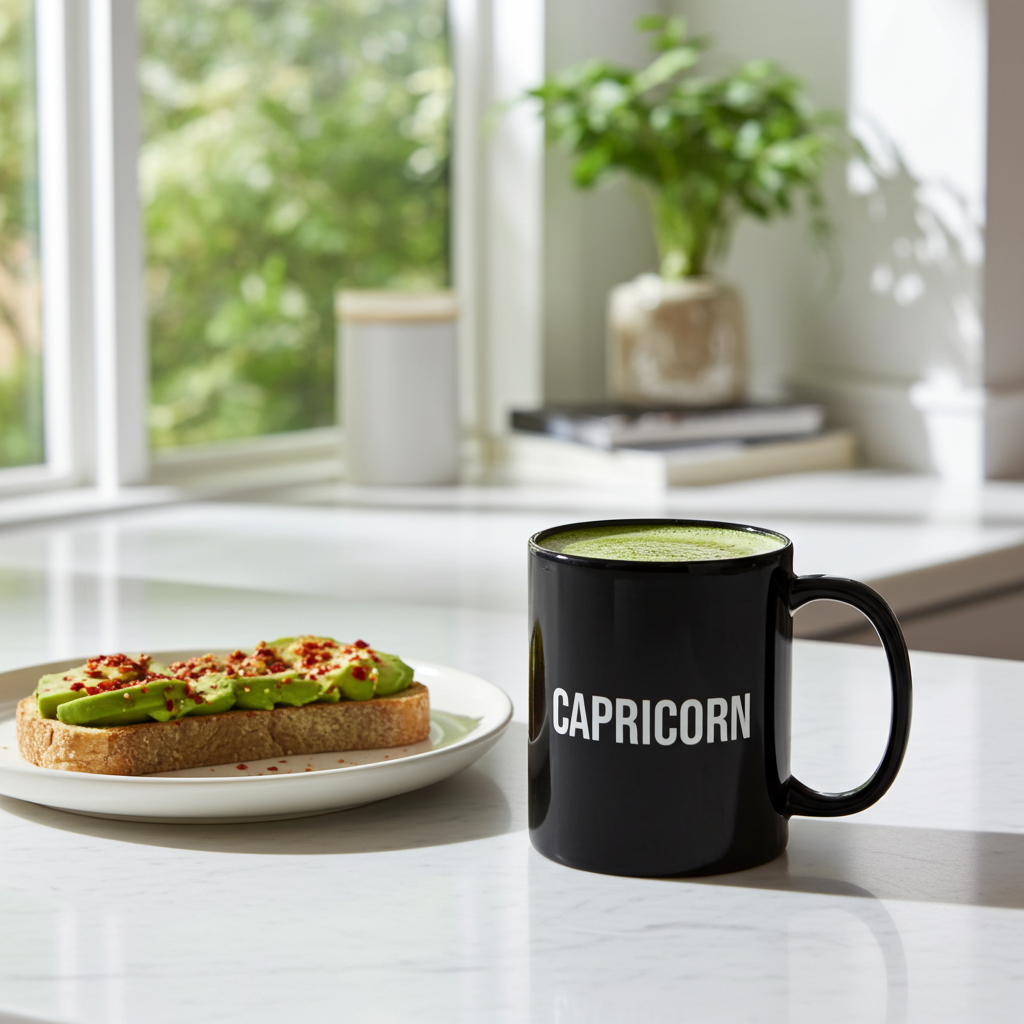 Black mug labeled 'Capricorn' with matcha beverage on a white surface, next to avocado toast.