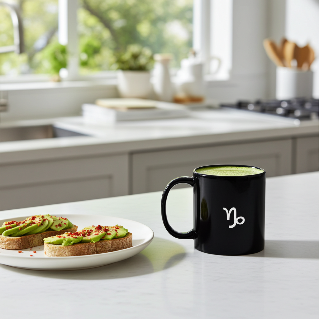 Black mug with a Capricorn symbol on a kitchen counter next to avocado toast