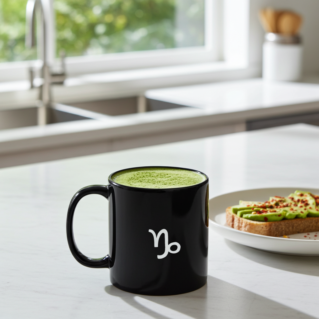 Black mug with a Capricorn symbol on a kitchen counter with green tea and avocado toast.