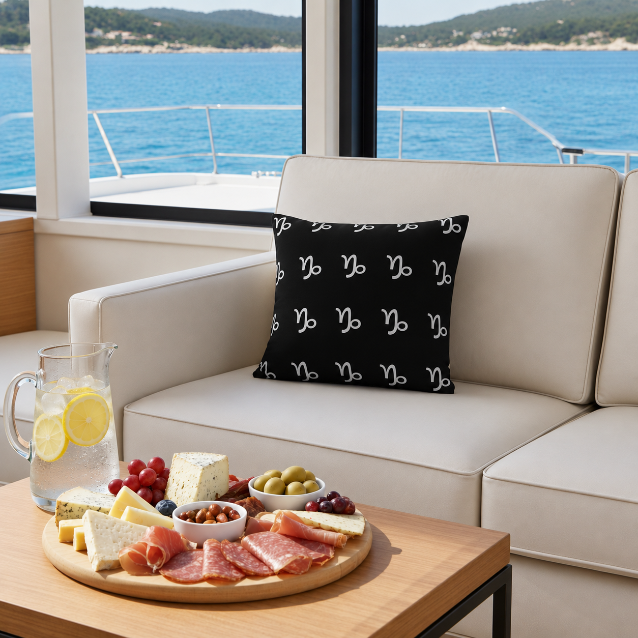 Beige sofa with a black pillow featuring white capricorn symbols, a charcuterie board on a wooden table, and a scenic view of water and mountains.