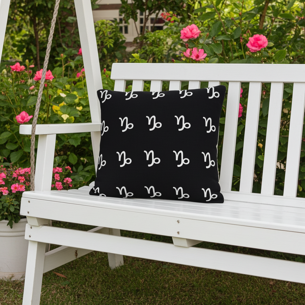 Black pillow with white Capricorn symbols on a white bench in a garden with pink flowers.