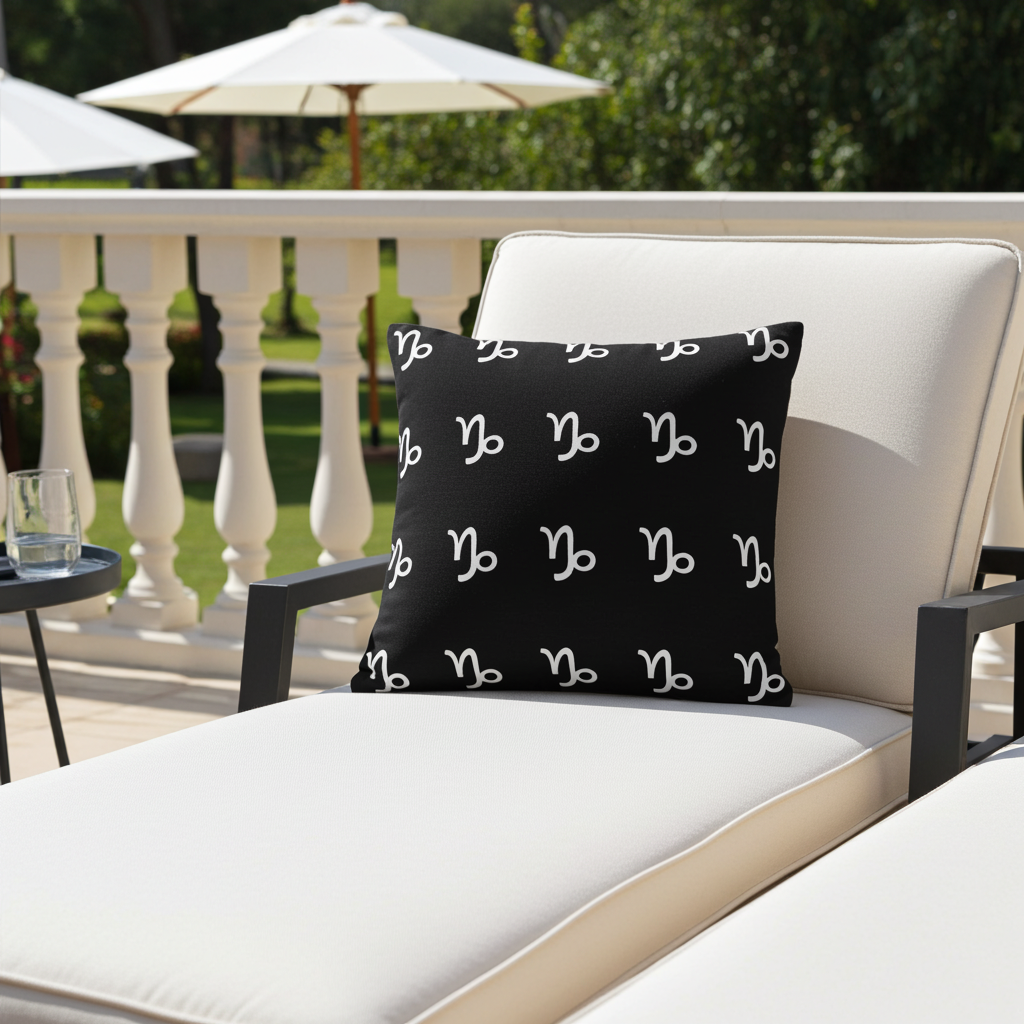 Black pillow with white Capricorn patterns on a white outdoor chair with a garden background