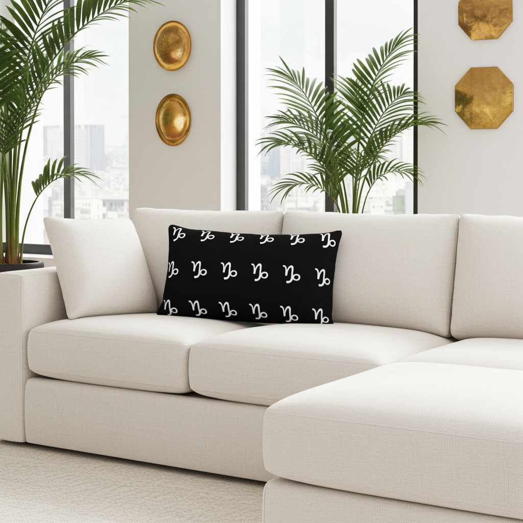 Black pillow with white Capricorn patterns on a beige sofa in a modern living room.