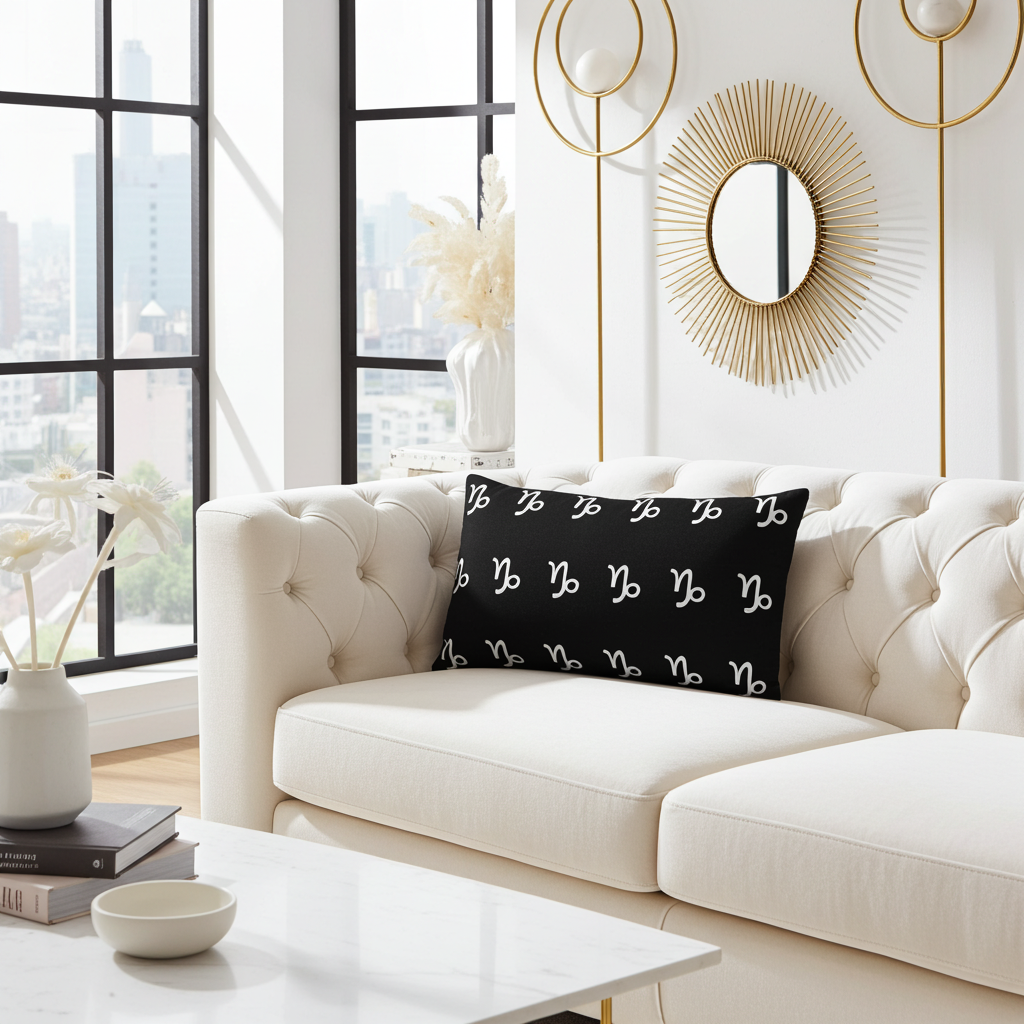 Modern living room with a black capricorn decor pillow on a white sofa, decorative mirror, and cityscape view.