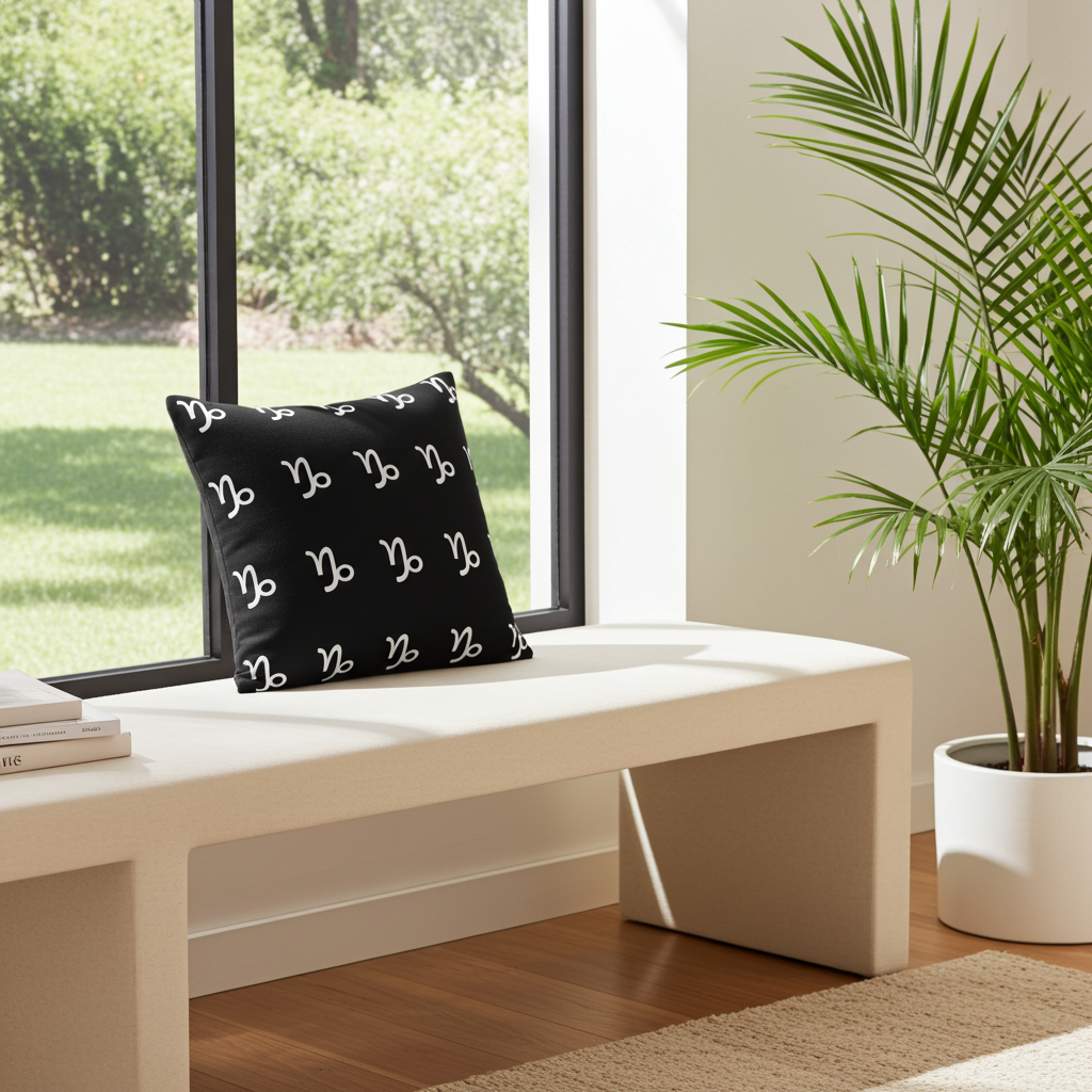 Black pillow with white Capricorn patterns on a beige bench by a window with a view of greenery.