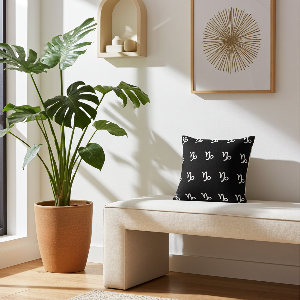 Modern living room with a plant, bench, and decorative capricorn pillow.