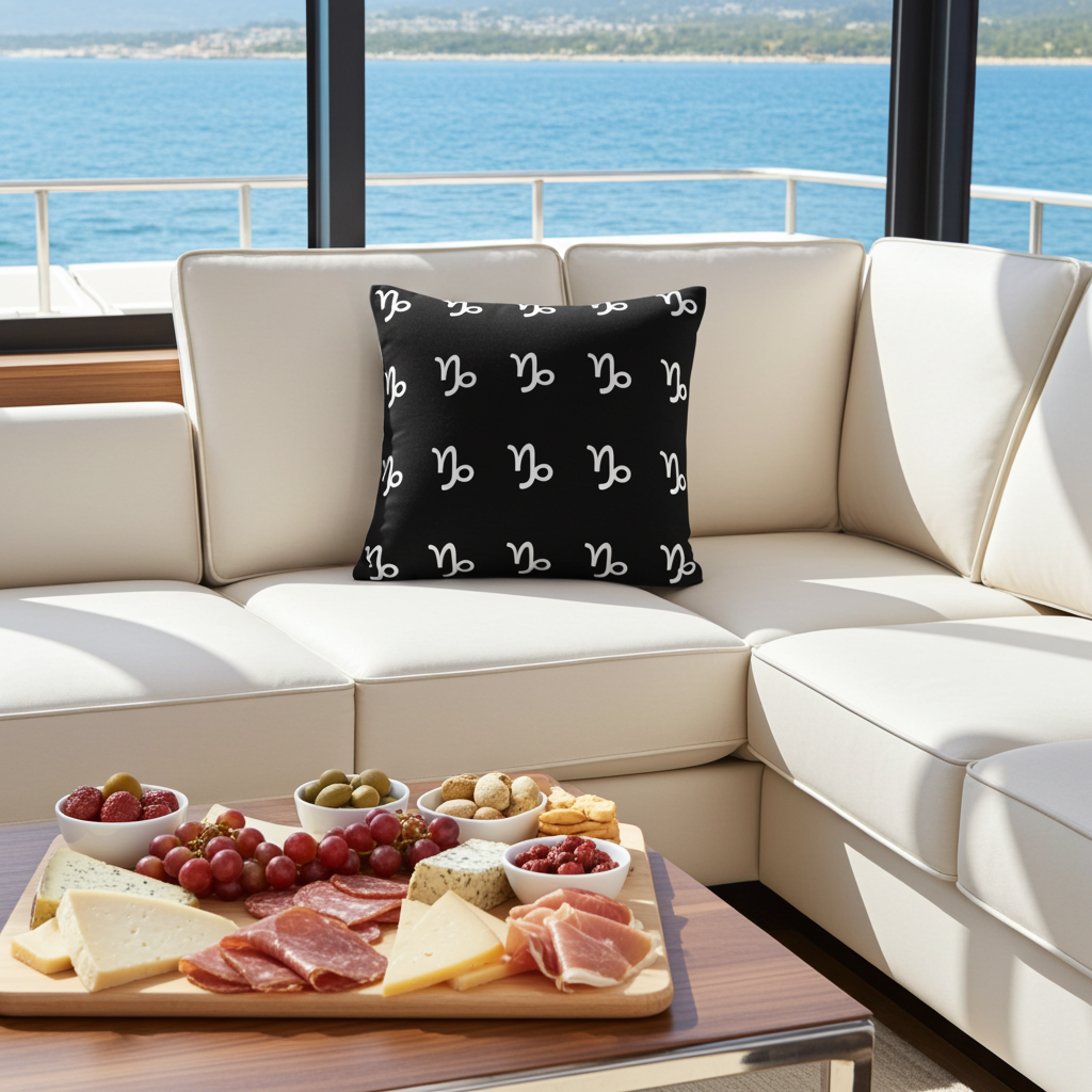 Beige sectional sofa with a black pillow featuring white capricorn symbols, accompanied by a charcuterie board on a wooden table by a large window with ocean view.