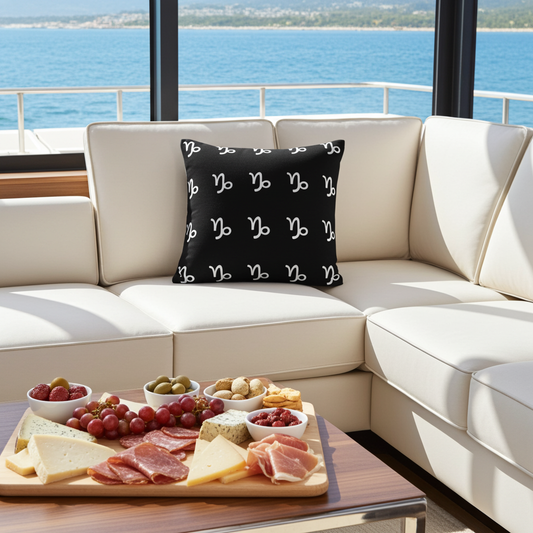 Beige sectional sofa with a black pillow featuring white capricorn symbols, accompanied by a charcuterie board on a wooden table by a large window with ocean view.