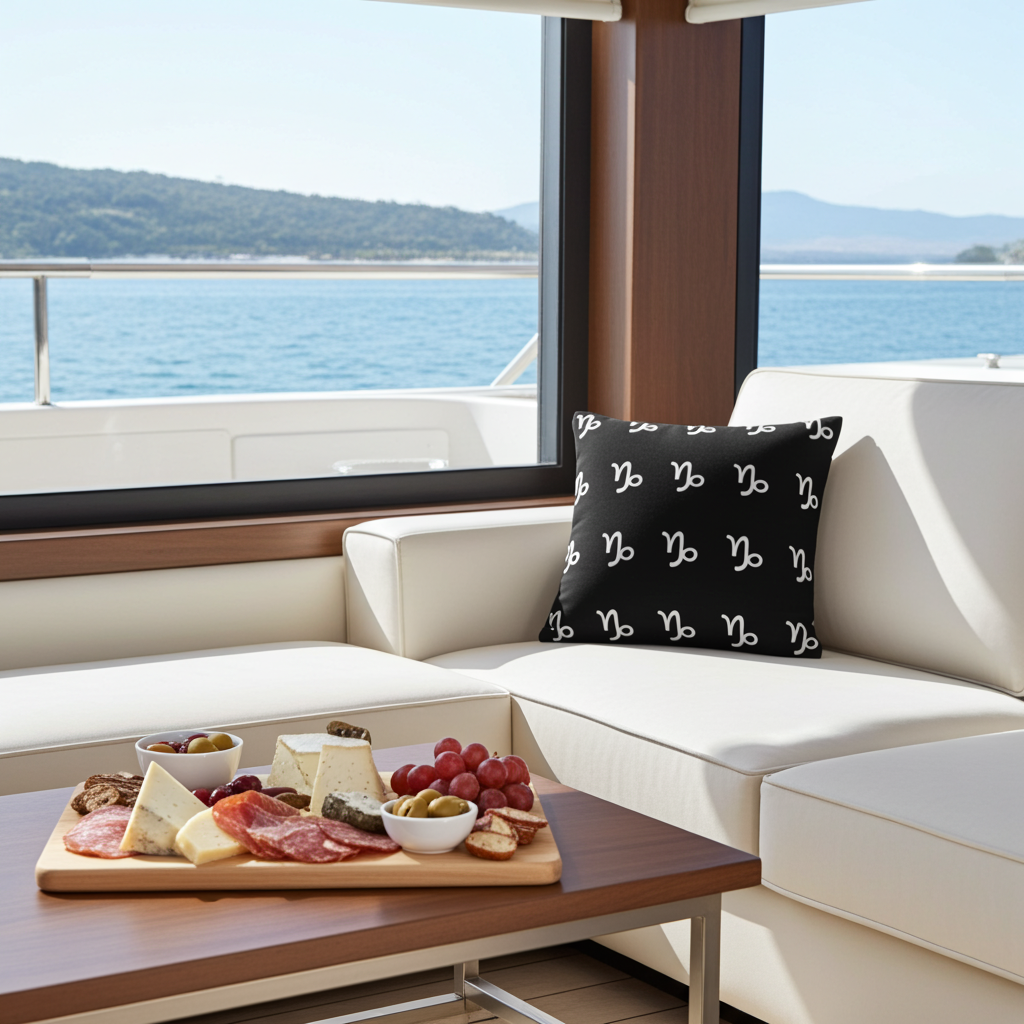 Sofa with a black pillow featuring white capricorn symbols, a charcuterie board on a table, and a scenic view of water and mountains.