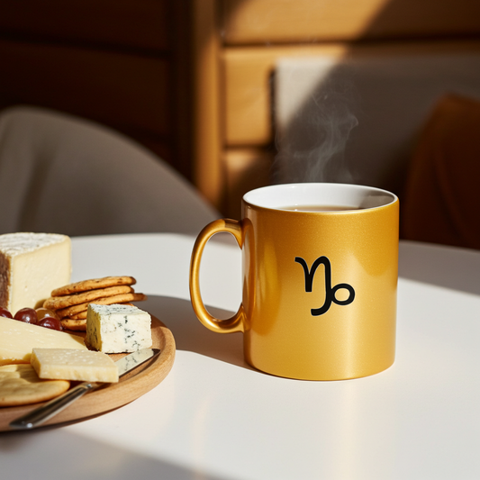 Gold mug with a zodiac symbol next to a cheeseboard on a table