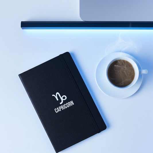Black notebook with Capricorn symbol and text on a light blue surface with a cup of coffee.