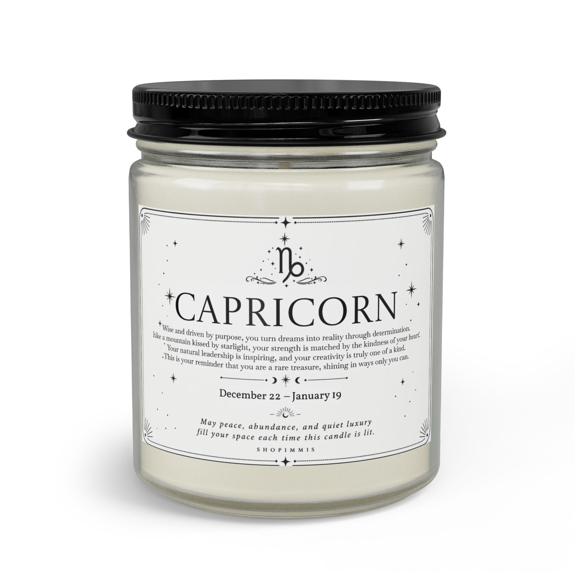 Candle jar labeled 'Capricorn' with a black lid on a white background