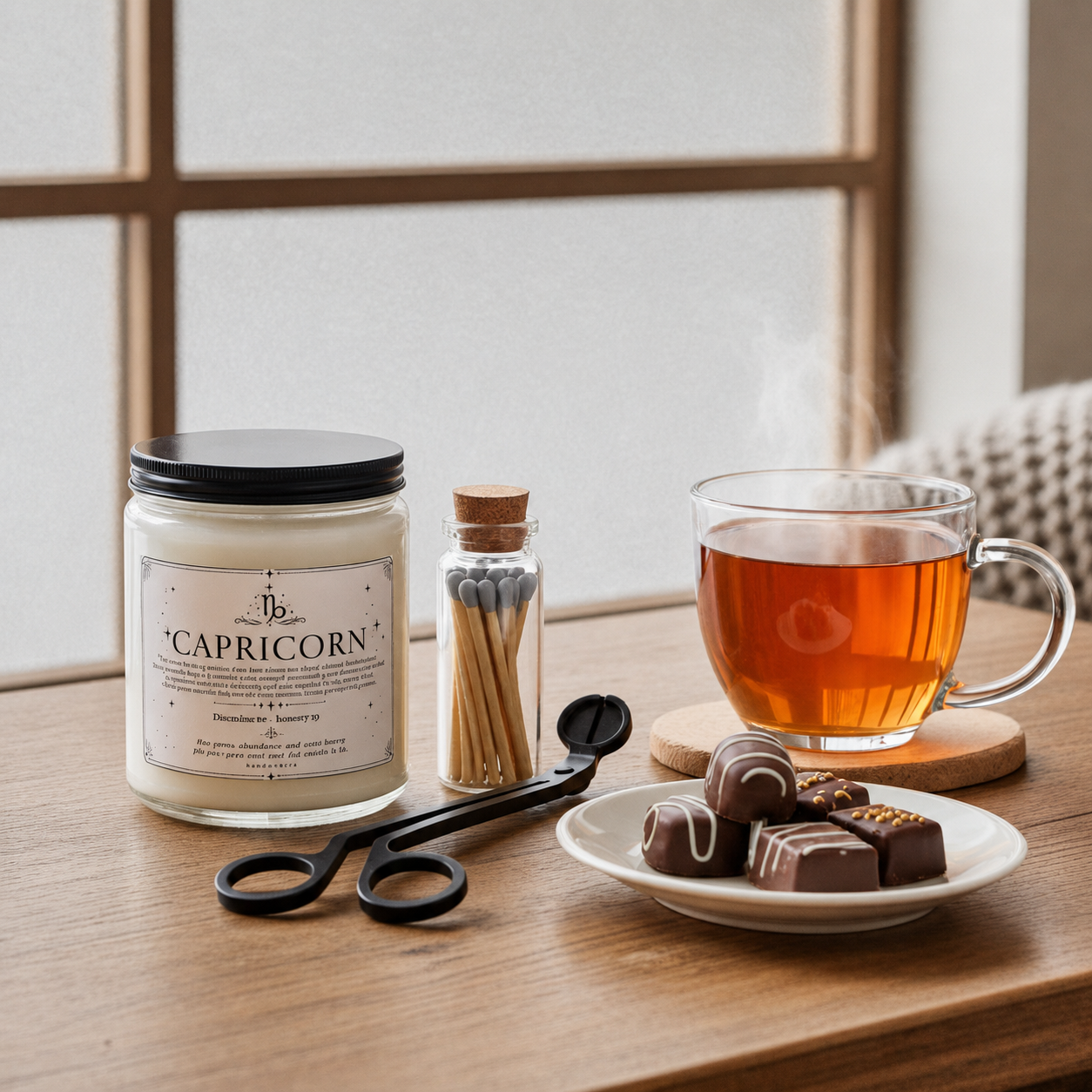 Candle labeled 'Capricorn', matches, scissors, tea, and chocolates on a wooden surface.