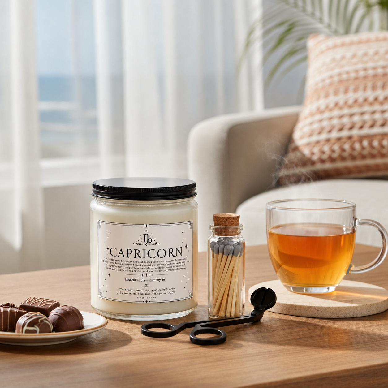 Candle labeled 'Capricorn' on a table with a cup of tea, matches, and chocolates.