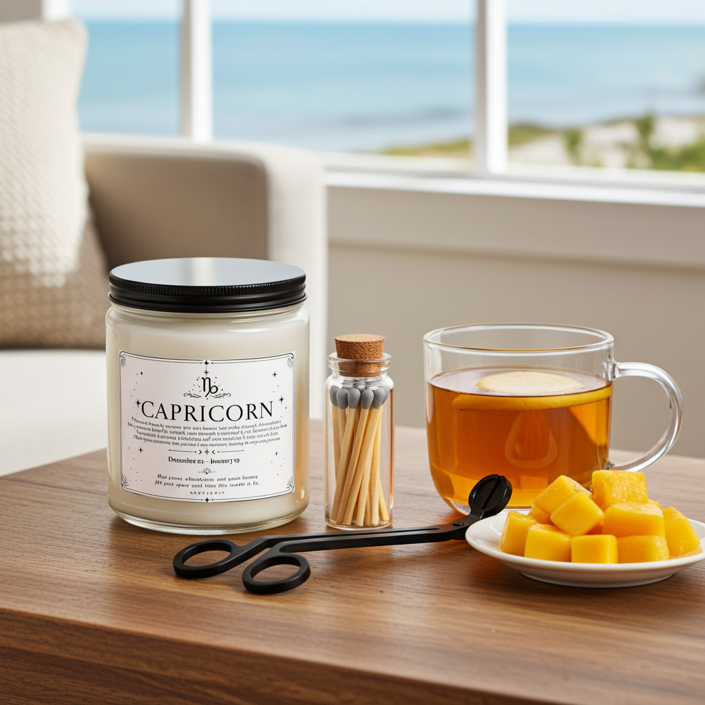 Candle labeled 'Capricorn' with a cup of tea, matches, and fruit on a table by a window.