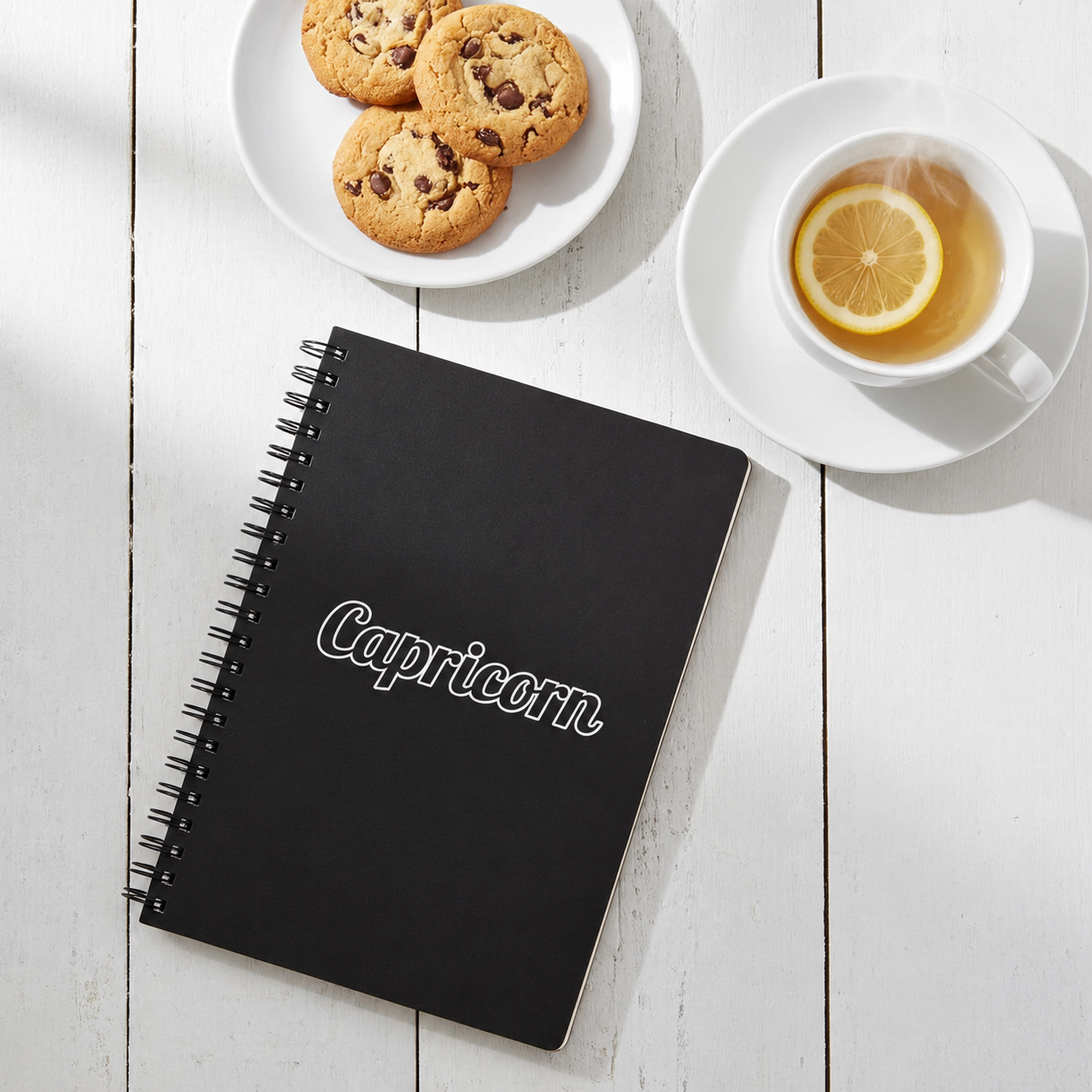 Black notebook with 'Capricorn' on a white wooden surface with cookies and tea.